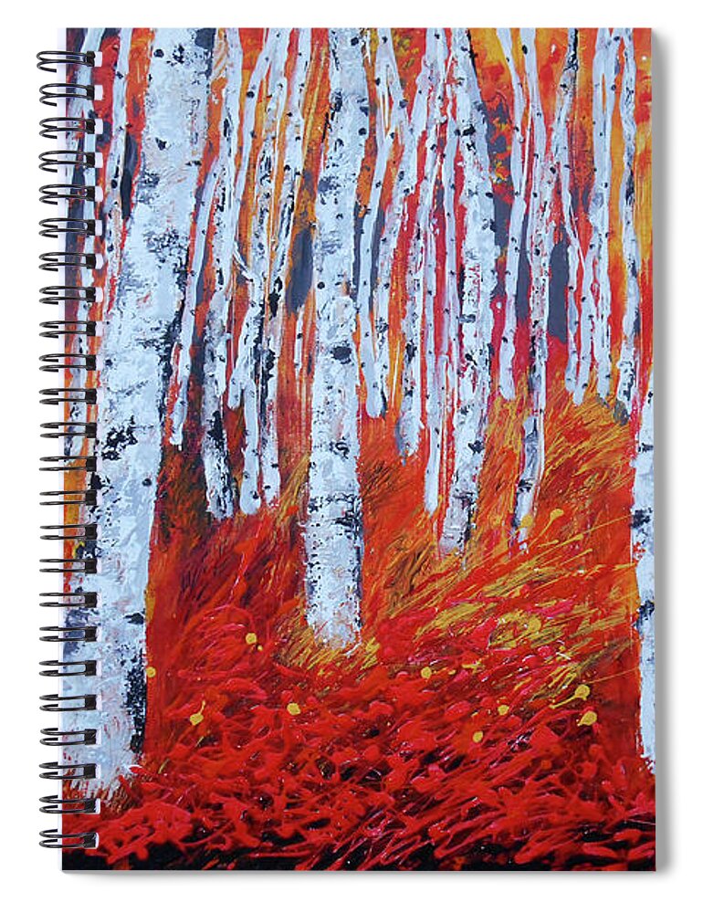Birch Tree Landscape Forest Woods Fall Autumn Bright Colours Spiral Notebook featuring the painting Birch in Gold by Leon Zernitsky
