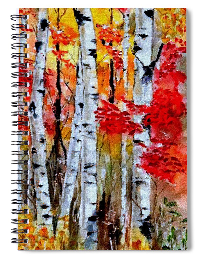 Rafael Salazar Spiral Notebook featuring the digital art Birch Trees in Fall by Rafael Salazar