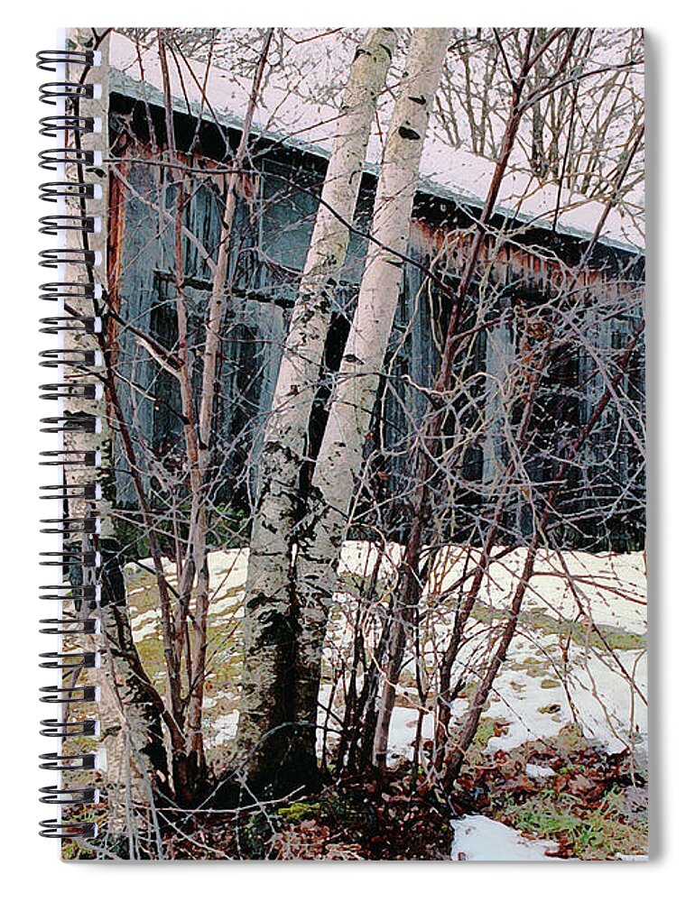 Nyoda Girls Camp Spiral Notebook featuring the digital art Birch Trees with Antique Barn, Winter Dusk at Camp Nyoda 1988 by Kathy Anselmo