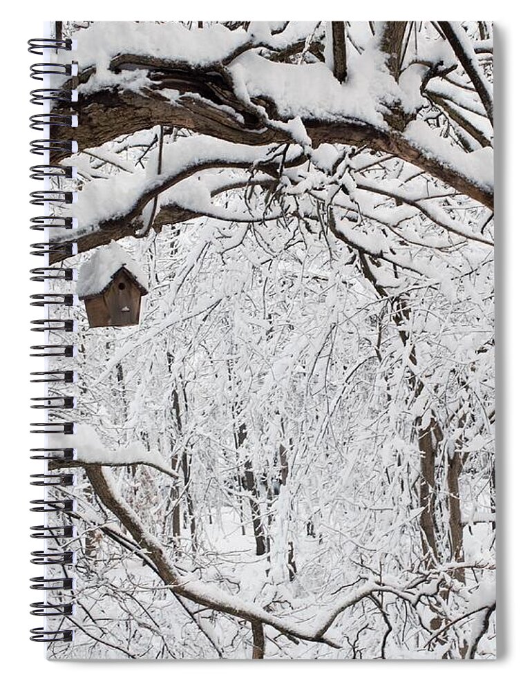 Birdhouse Spiral Notebook featuring the photograph Bird House in Snow by R Allen Swezey