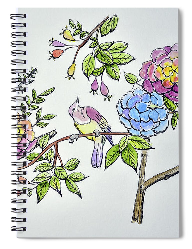 Linda Brody Spiral Notebook featuring the painting Birds and Roses I by Linda Brody