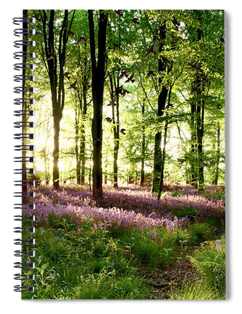Bluebells Spiral Notebook featuring the photograph Birds flying though bluebell wood by Simon Bratt