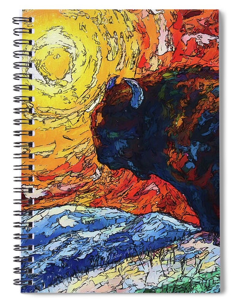 Animal Spiral Notebook featuring the painting Bison Running print of OLena Art Wild the Storm Oil Painting With Palette Knife by O Lena