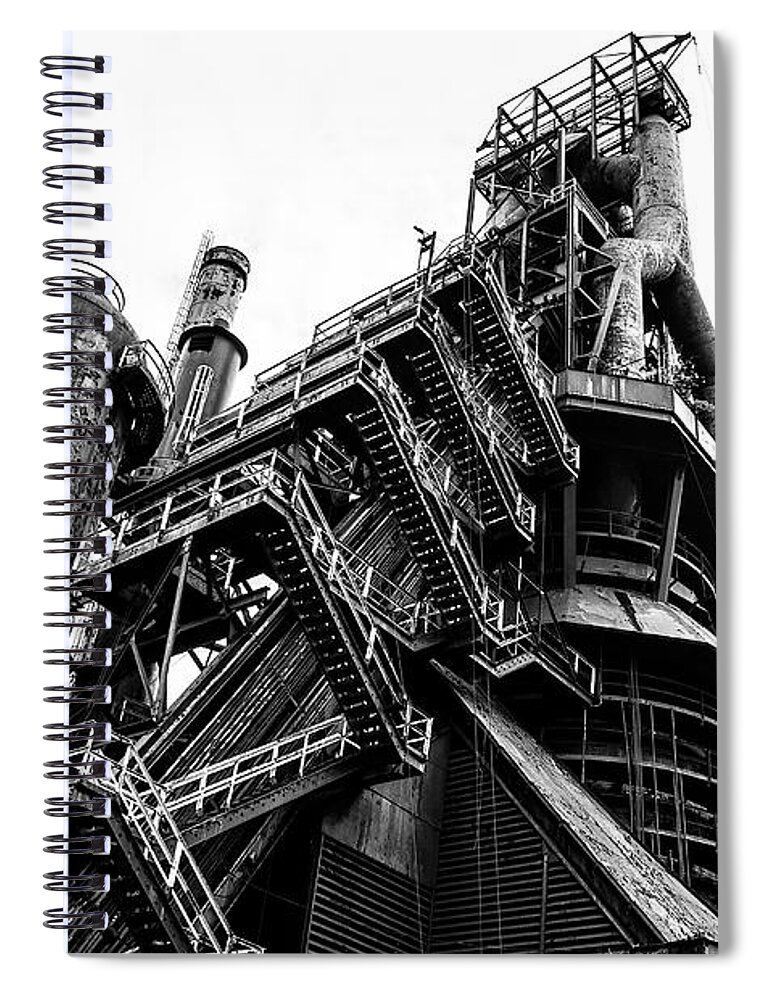 Black Spiral Notebook featuring the photograph Black and White Industrial - Bethlehem Steel by Bill Cannon