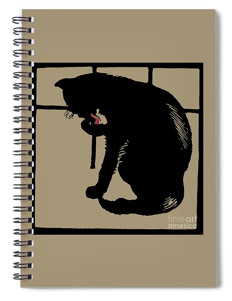  Black Spiral Notebook featuring the drawing Black cat modern woodcut style by Heidi De Leeuw
