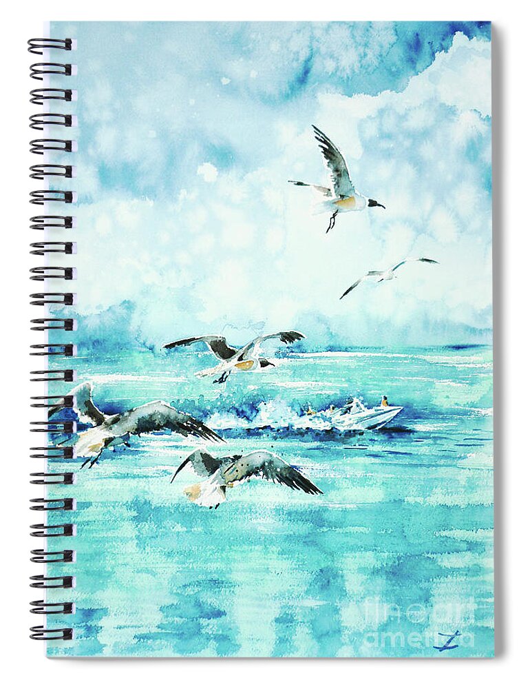 Black-headed Seagulls Spiral Notebook featuring the painting Black-headed Seagulls at Seven Seas Beach by Zaira Dzhaubaeva