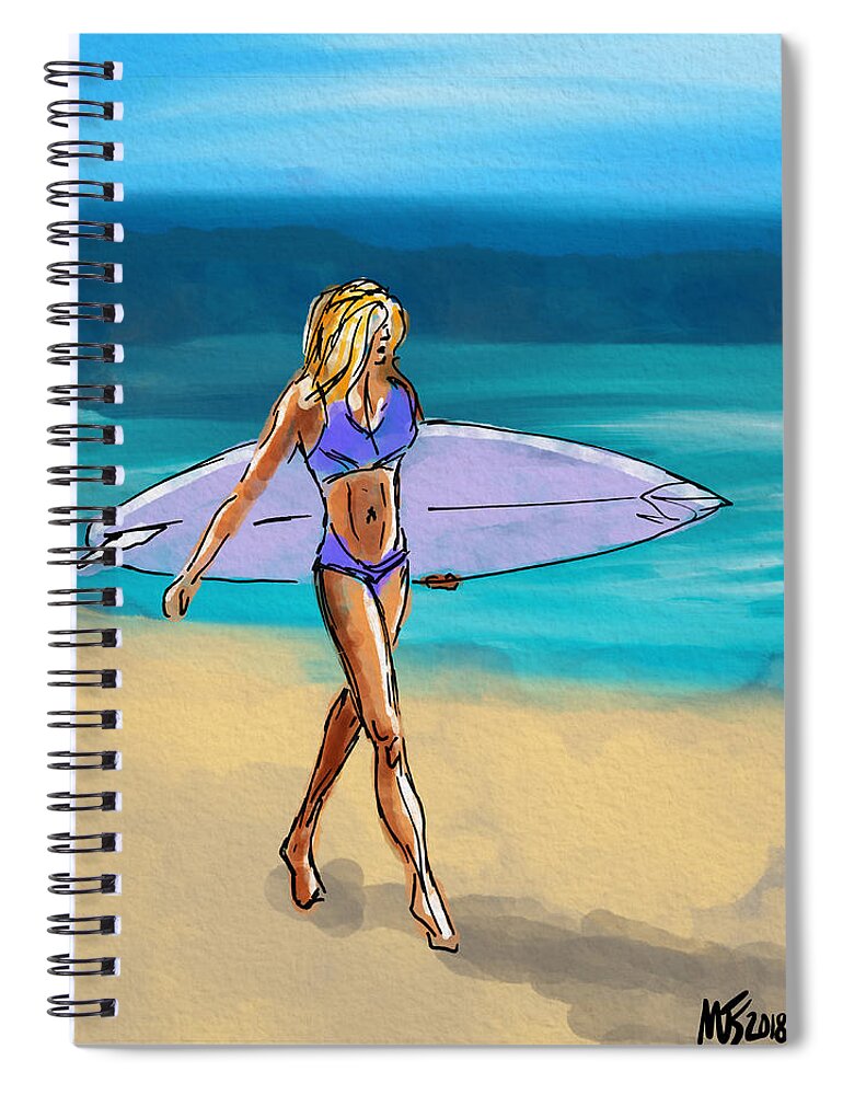 Surfing Spiral Notebook featuring the digital art Blonde Surfer by Michael Kallstrom