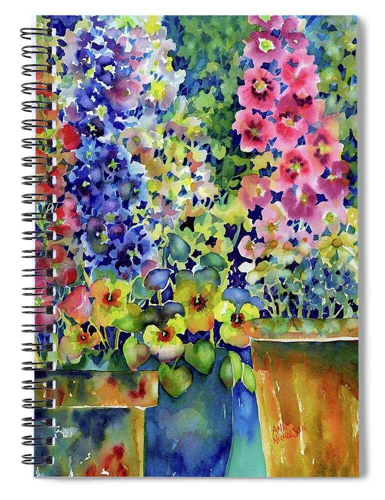 Watercolor Spiral Notebook featuring the painting Blooms in Pots by Ann Nicholson