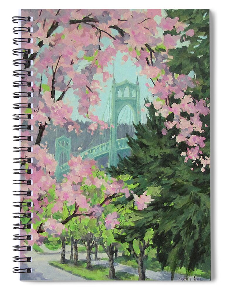 Bridge Spiral Notebook featuring the painting Blossoming Bridge by Karen Ilari