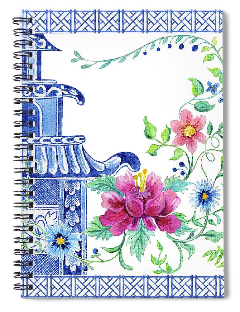 Chinese Spiral Notebook featuring the painting Blue Asian Influence 10 Vintage Style Chinoiserie Floral Pagoda w Chinese Chippendale Border by Audrey Jeanne Roberts