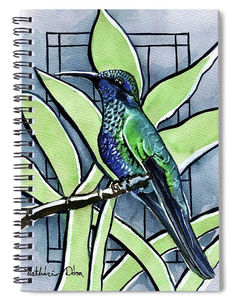 Hummingbird Spiral Notebook featuring the painting Blue Green Hummingbird by Dora Hathazi Mendes