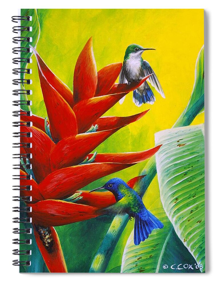 Chris Cox Spiral Notebook featuring the painting Blue-headed Hummingbirds and heliconia by Christopher Cox