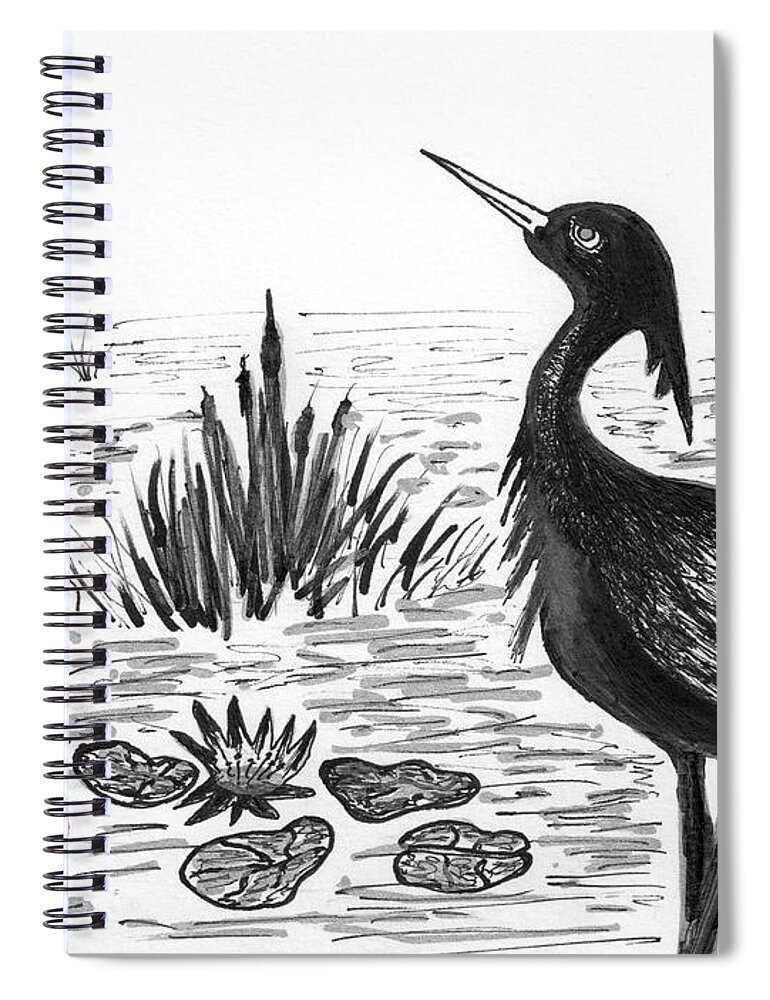 Blue Heron Spiral Notebook featuring the drawing Crowned Night Heron Lily Pond Paradise in Ink D1 by Ricardos Creations