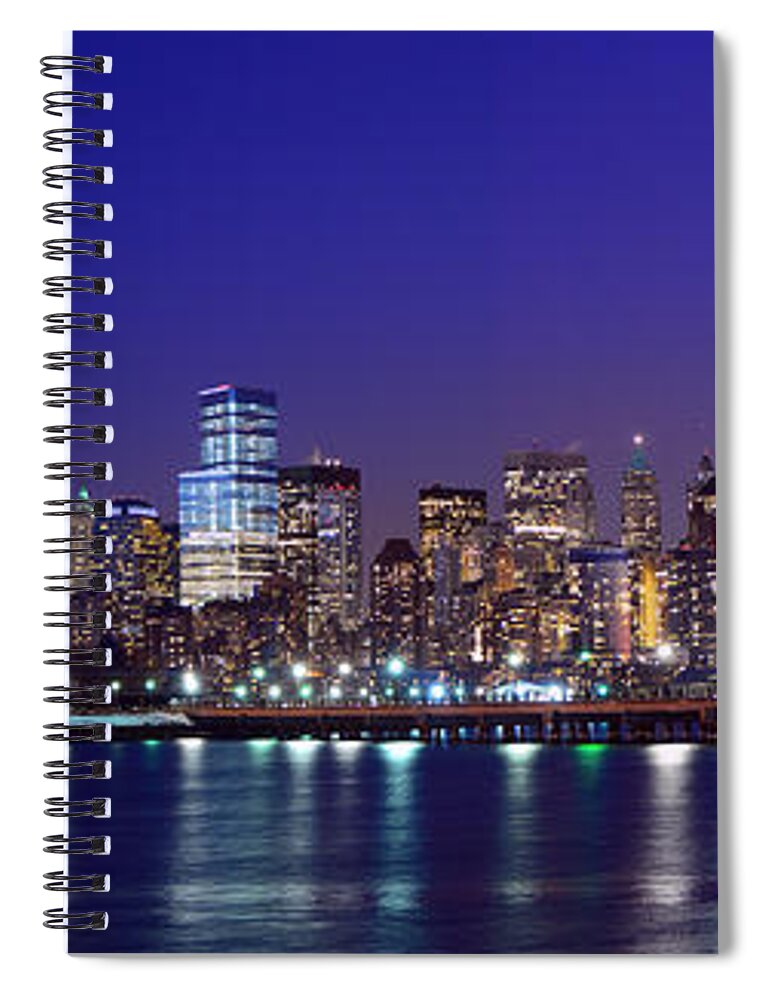 Blue Hour Panorama World Trade Center Spiral Notebook featuring the photograph Blue Hour Panorama New York World Trade Center with Freedom Tower from Liberty State Park by Raymond Salani III