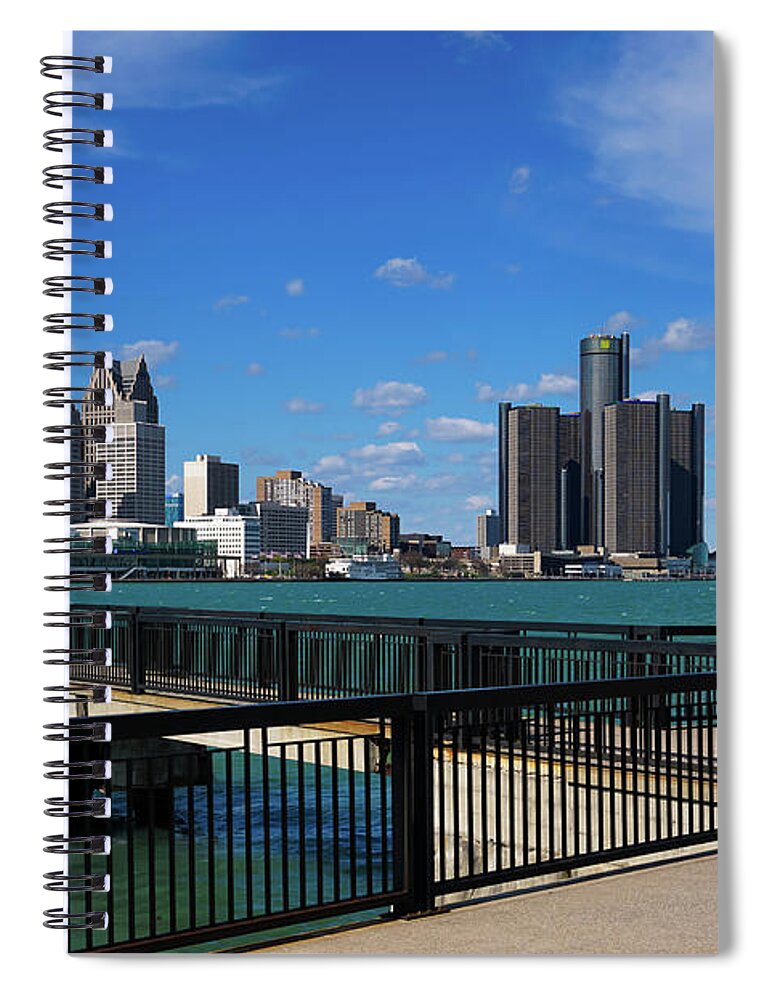 Blue Obelisk And Detroit Spiral Notebook featuring the photograph Blue Obelisk and Detroit by Rachel Cohen