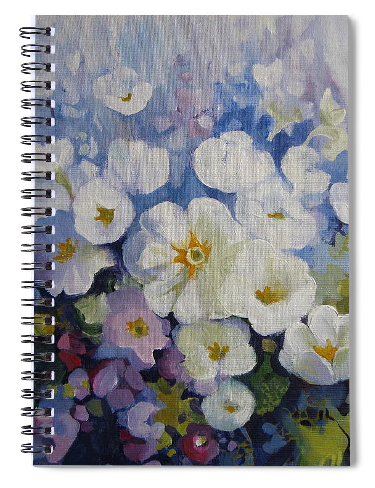 Primrose Spiral Notebook featuring the painting Blue spring by Elena Oleniuc