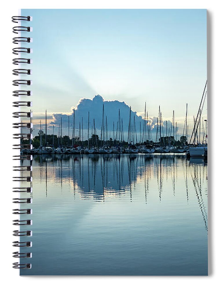 Georgia Mizuleva Spiral Notebook featuring the photograph Blue Sunrise Cloud - God Rays at Serene Marina by Georgia Mizuleva