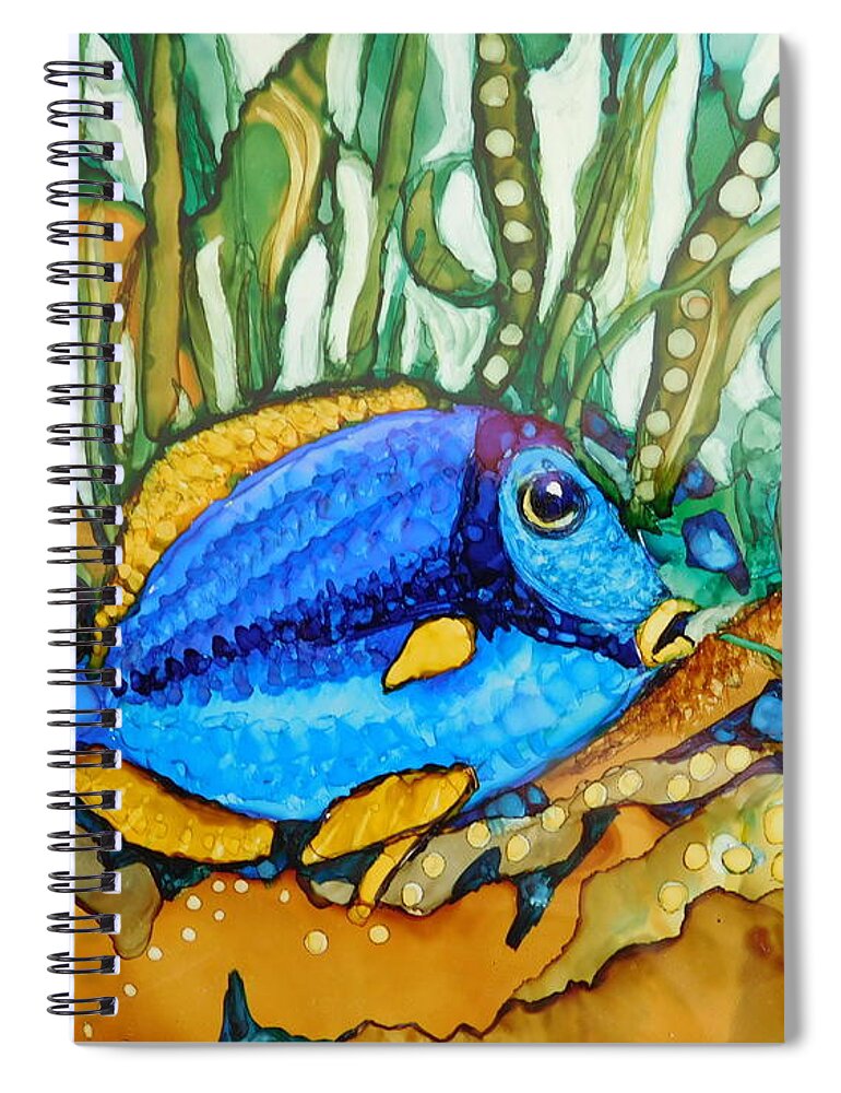 This Whimsical Blue Fish Swims Through The Magical World Beneath The Reef. (the 8 X 6 Tile Comes Mounted On A Canvas Panel In A Standard 8 X 10 Frame.) Spiral Notebook featuring the painting Blue Tang by Joan Clear