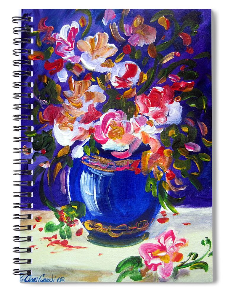 Flowers Spiral Notebook featuring the painting Blue Vase And Fresh Flowers by Roberto Gagliardi