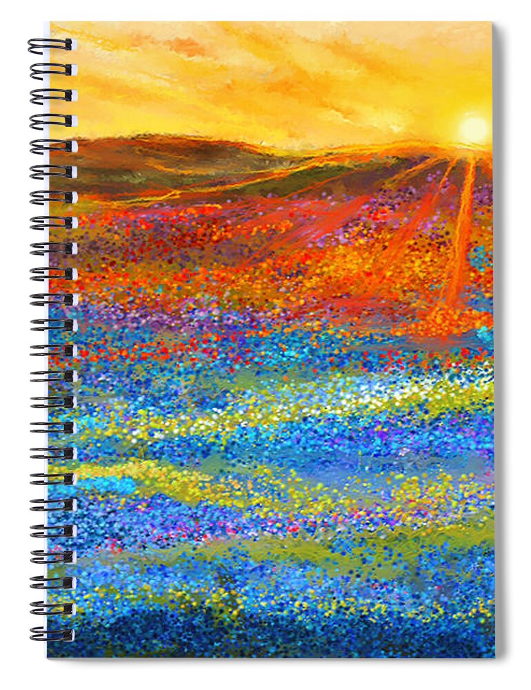 Bluebonnet Spiral Notebook featuring the painting Bluebonnet Horizon - Bluebonnet Field Sunset by Lourry Legarde