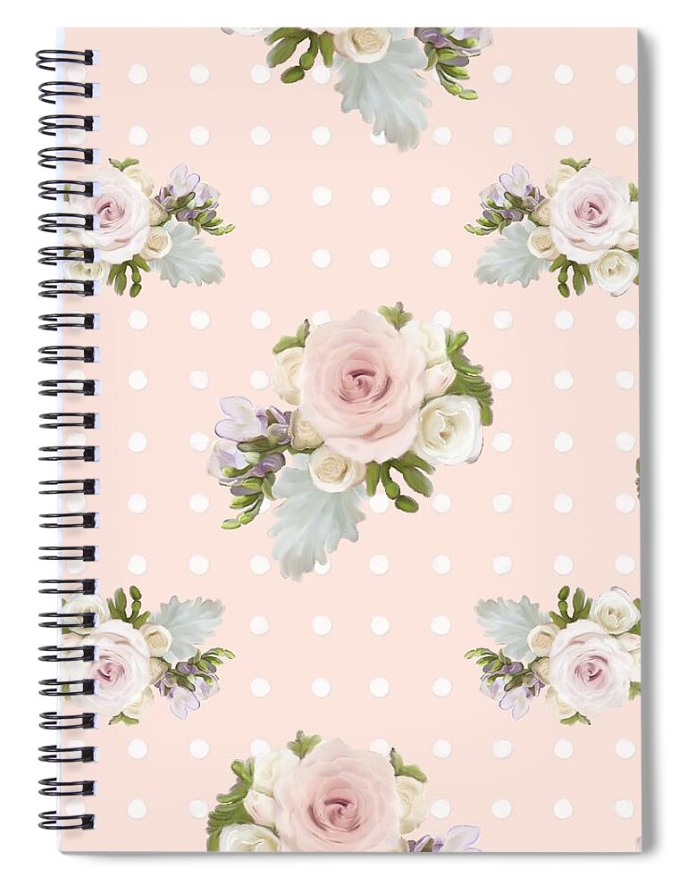 Blush Pink Spiral Notebook featuring the painting Blush Pink Floral Rose Cluster w Dot Bedding Home Decor Art by Audrey Jeanne Roberts