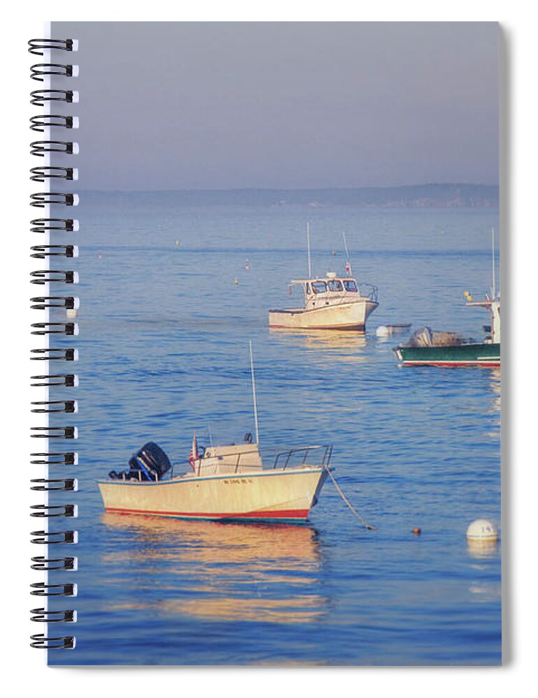 Boats Spiral Notebook featuring the photograph Boats in a Harbor - Ocean Sunrise by Joann Vitali