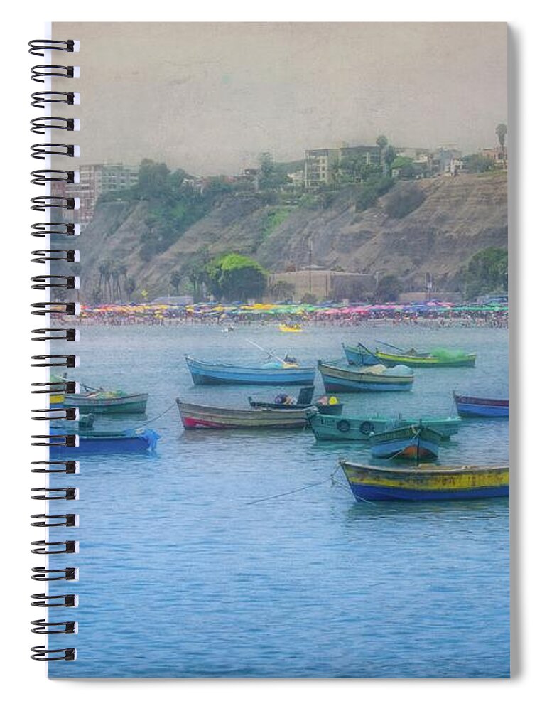Fishing Boats Spiral Notebook featuring the photograph Boats in Blue Twilight - Lima, Peru by Mary Machare