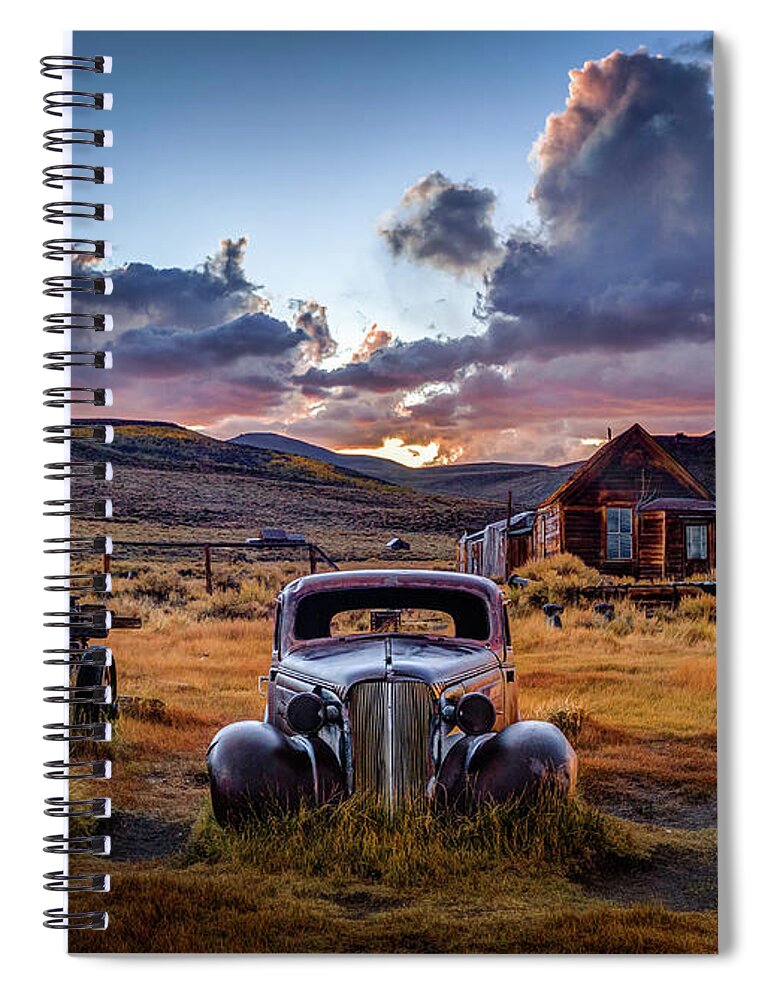 Bodie State Historic Park Spiral Notebook featuring the photograph Bodie's 1937 Chevy at Sunset by Jeff Sullivan