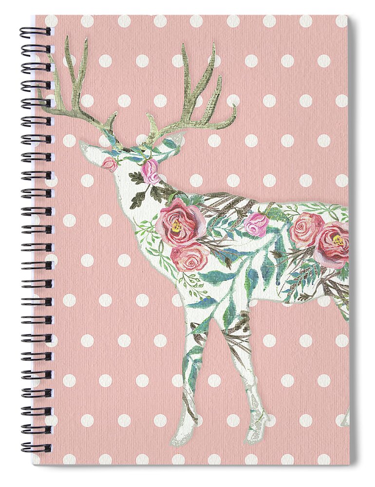 Boho Spiral Notebook featuring the painting BOHO Deer Silhouette Rose Floral Polka Dot by Audrey Jeanne Roberts