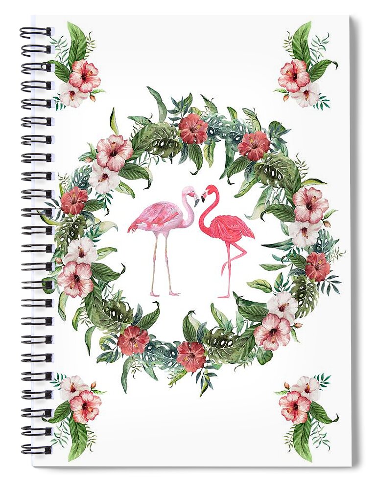 Tropical Flowers Spiral Notebook featuring the digital art Boho Floral Tropical Wreath Flamingo by Georgeta Blanaru