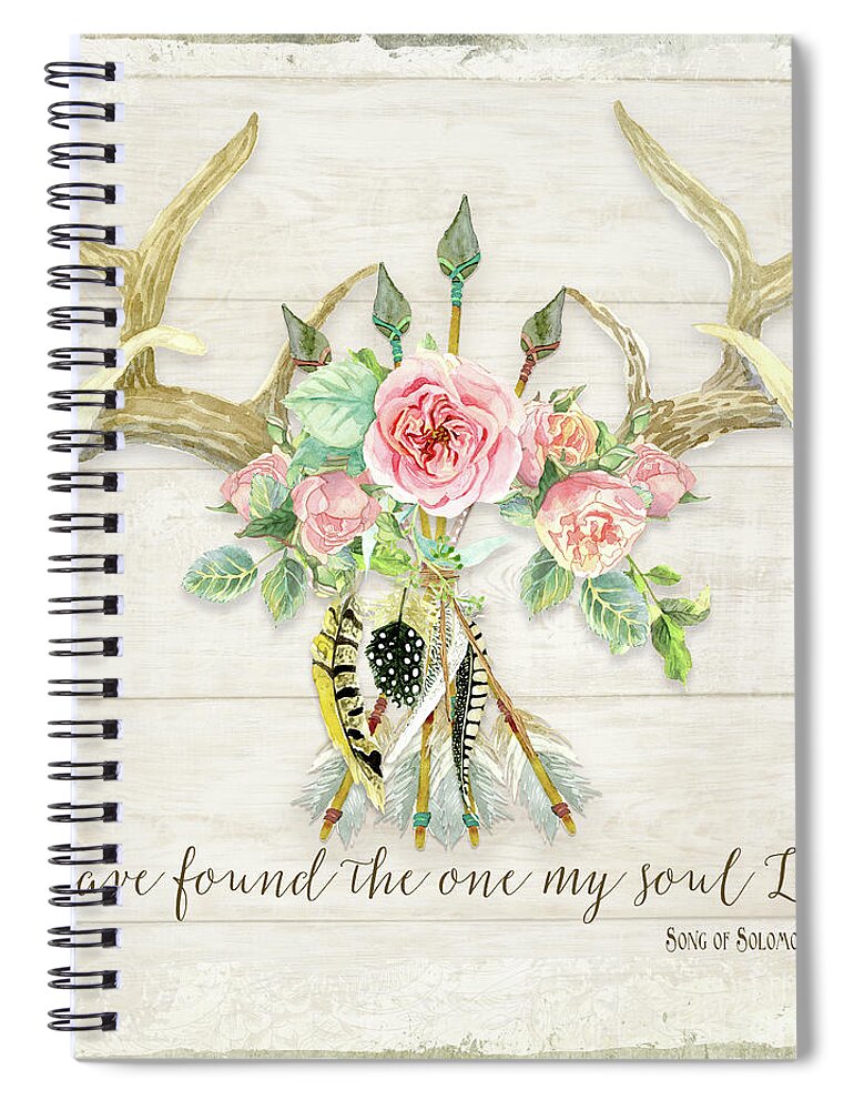 Watercolor Spiral Notebook featuring the painting BOHO Love - Deer Antlers Floral Inspirational by Audrey Jeanne Roberts