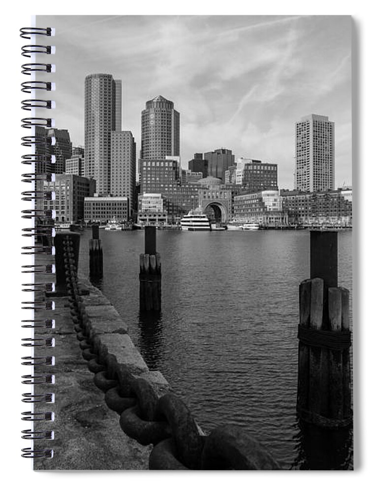 Boston Spiral Notebook featuring the photograph Boston Cityscape from the Seaport District in Black and White by Brian MacLean