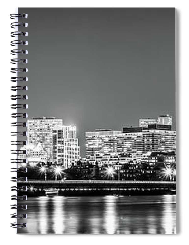 America Spiral Notebook featuring the photograph Boston Skyline at Night Black and White Panorama Picture by Paul Velgos