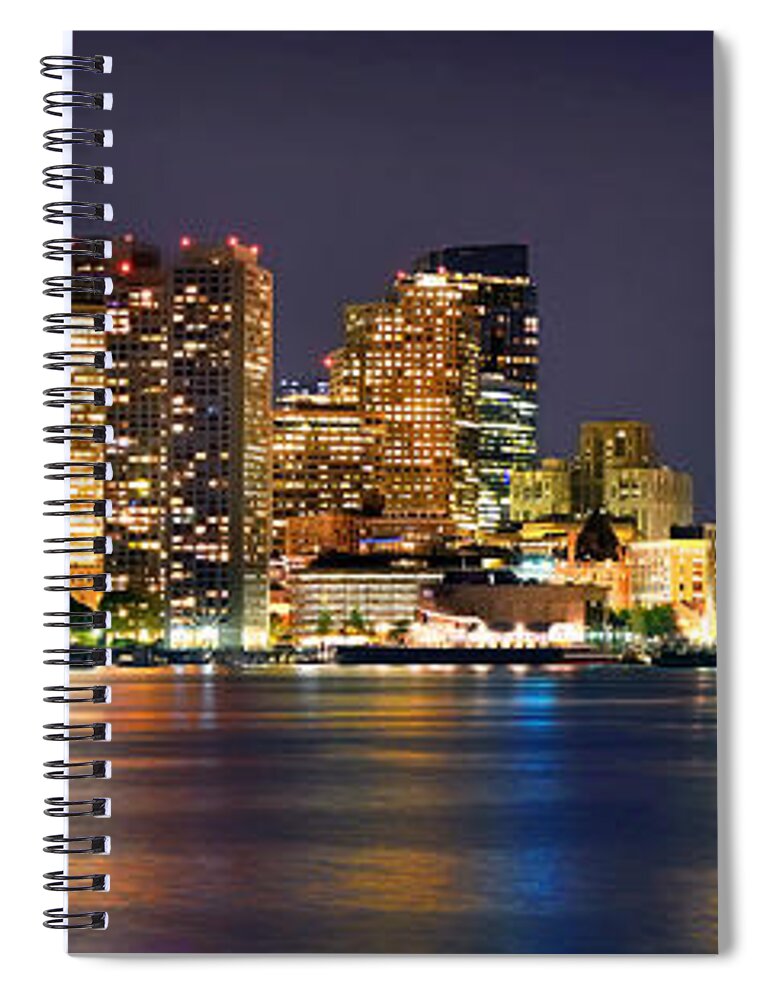 #faatoppicks Spiral Notebook featuring the photograph Boston Skyline at NIGHT Panorama by Jon Holiday