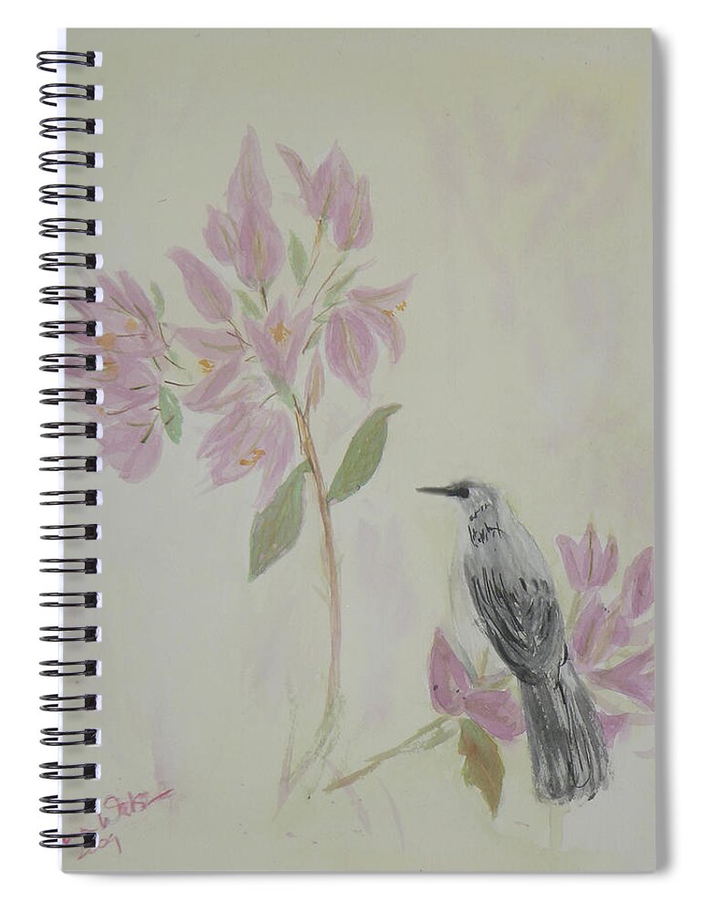 Bougainvillea Spiral Notebook featuring the painting Bougainvillea and Mockingbird by Donna Walsh
