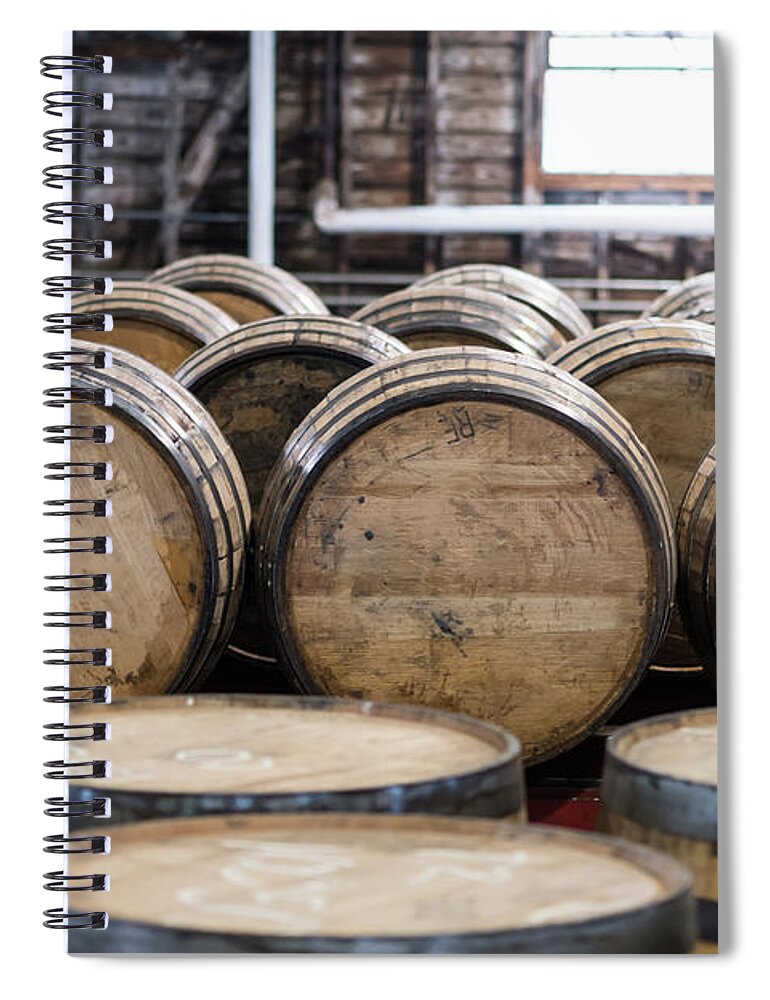 Brown Spiral Notebook featuring the photograph Bourbon Barrel Storage Room by Kelly VanDellen