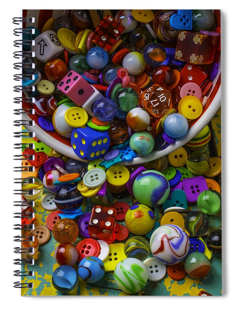 Jars Buttons Spiral Notebook featuring the photograph Bowl Spilling Marbles Buttons And Dice by Garry Gay