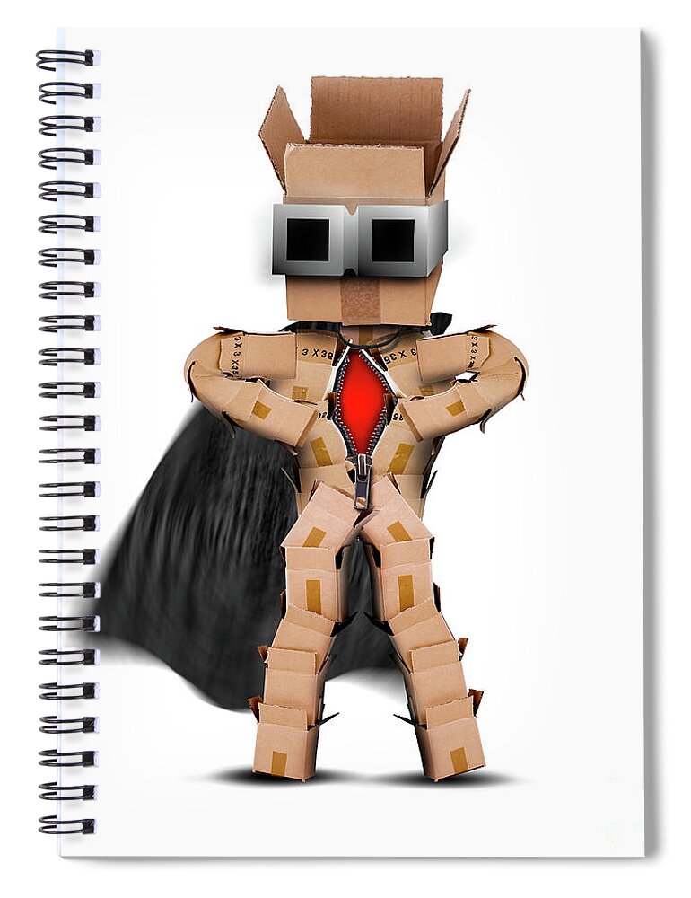 Box; Boxes; Hero; Character; Super; Cape; Mask; Cartoon; Isolated; White; Red; Graphics; 3d; Composite; Man; Figure Spiral Notebook featuring the digital art Box hero standing with cape and mask by Simon Bratt