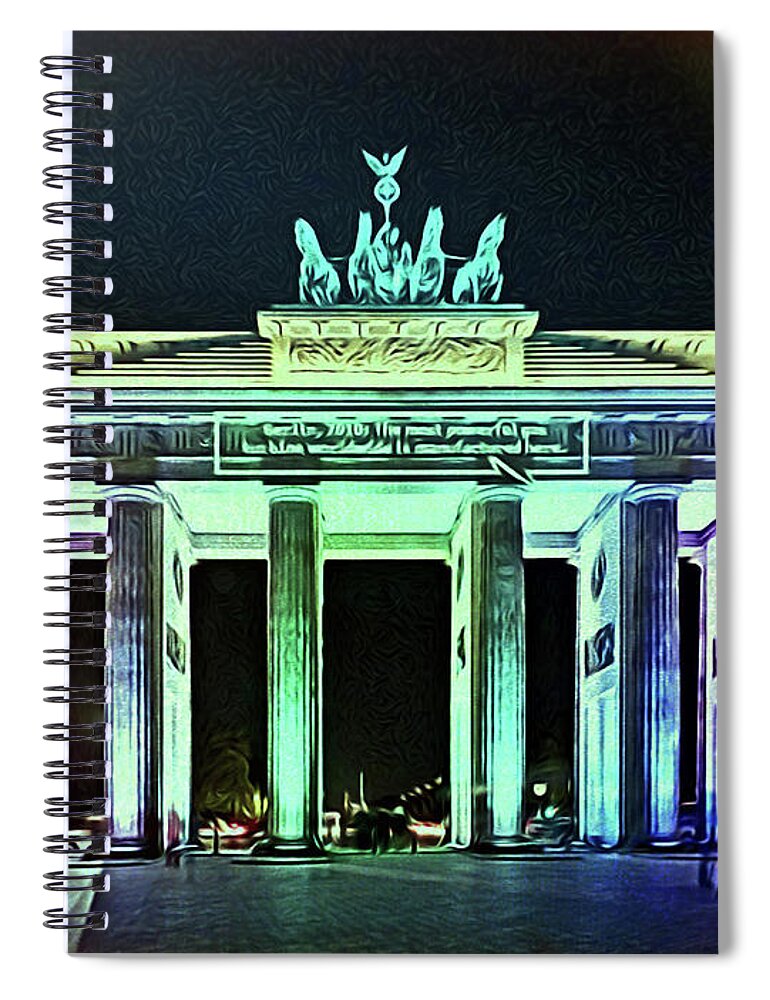 Germany Spiral Notebook featuring the painting Brandenburg Gate at Night - green by Horst Rosenberger