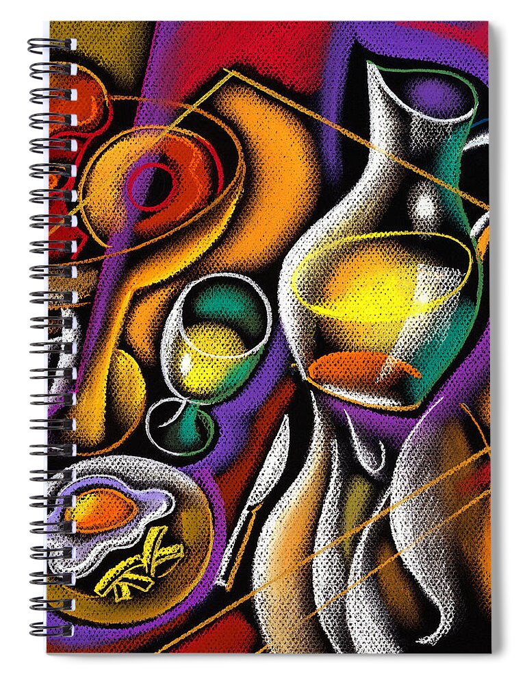 Balance Breakfast Cafe Carry Carrying Close Up Close-up Coffee Coffee Cup Color Color Image Colour Cup Dish Drawing Drink Food Food And Drink Fruit Glass Hand Healthy Eating High Angle High Angle View Hold Holding Illustration Illustration And Painting Juice One One Person People Person Plate Platter Restaurant Server Service Serving Tray Unrecognizable Person Vertical Waiter Decorative Painting Abstract Art Spiral Notebook featuring the painting Breakfast by Leon Zernitsky