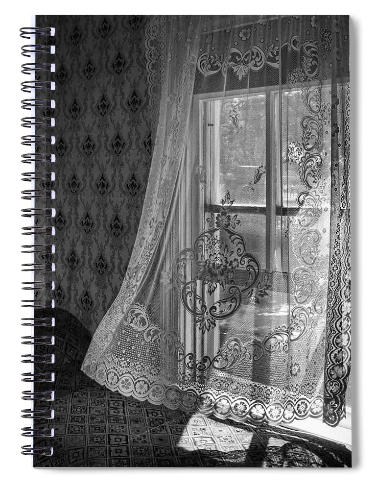 Curtain Spiral Notebook featuring the photograph Breeze - Black and White by Nikolyn McDonald
