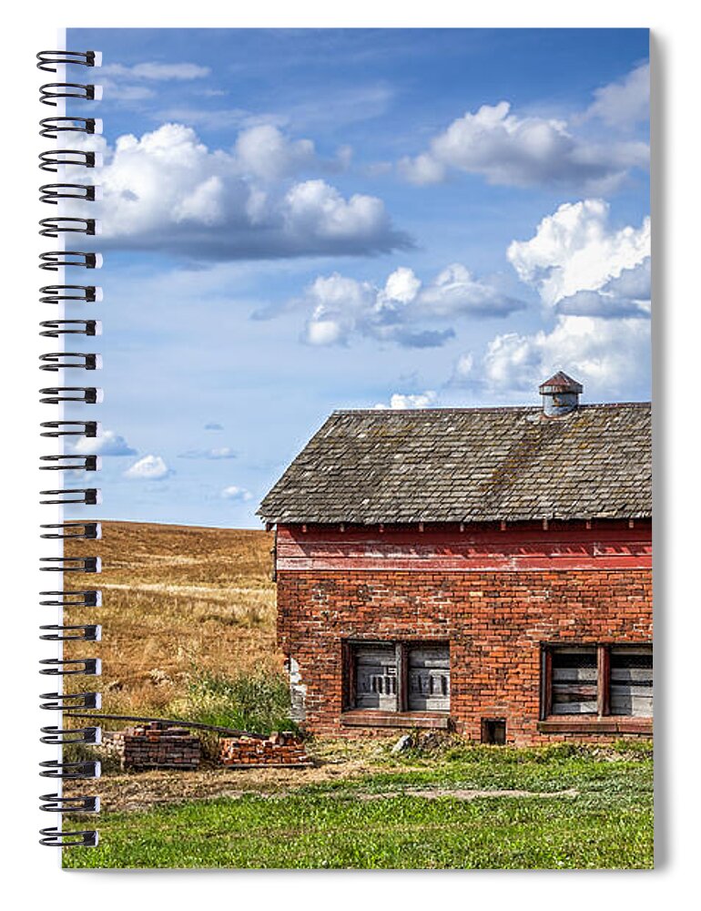 Brick House Out Building Pump Summer Day Field Clouds Blue Sky Green Grass Red Spiral Notebook featuring the photograph Brick Out Building on the Palouse by Brad Stinson