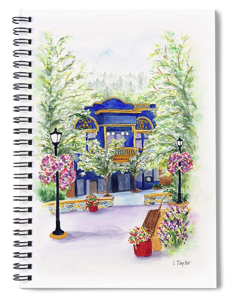 Small Town Spiral Notebook featuring the painting Brickroom on the Plaza by Lori Taylor