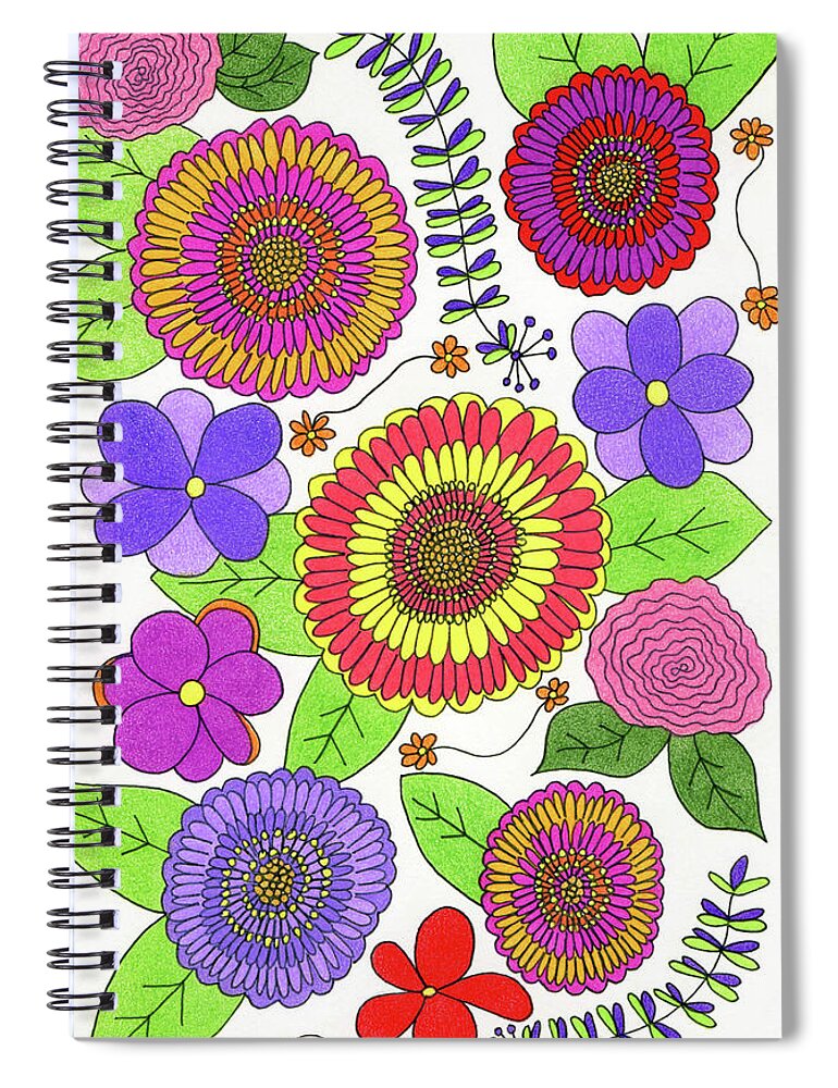 Colorful Flowers Spiral Notebook featuring the drawing Bright and Cheery Flowers by Lisa Blake