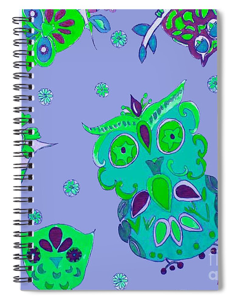 Owl Spiral Notebook featuring the mixed media Bright Eyed Owls by Beth Saffer
