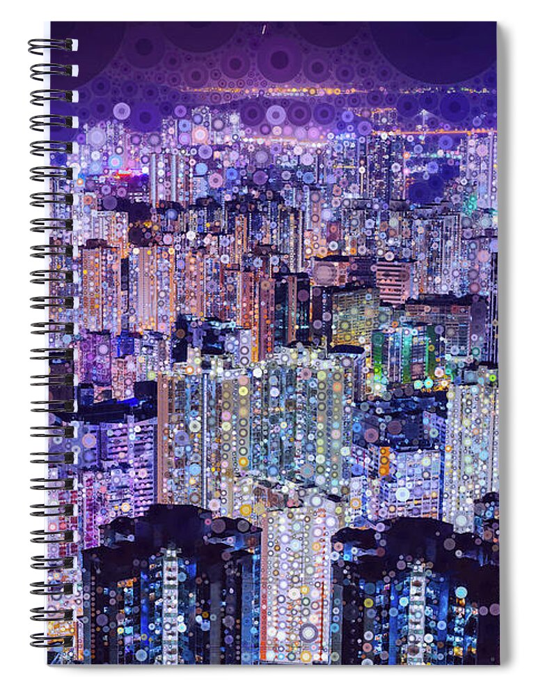 Hong Kong Spiral Notebook featuring the mixed media Bright Lights, Big City by Susan Maxwell Schmidt