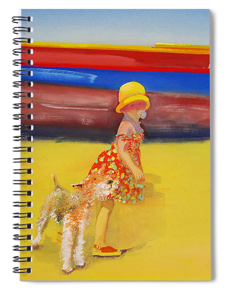 Wire Haired Fox Terrier Spiral Notebook featuring the painting Brightly Painted Wooden Boats With Terrier and Friend by Charles Stuart