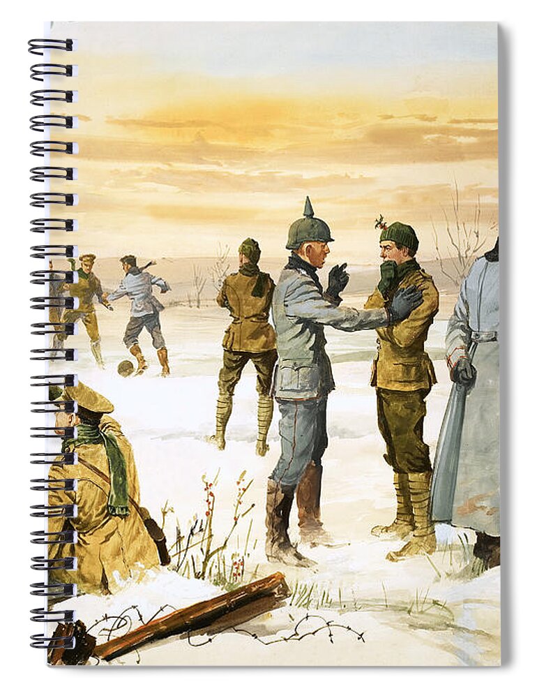 Truce Spiral Notebook featuring the painting British and German soldiers hold a Christmas truce during the Great War by Angus McBride