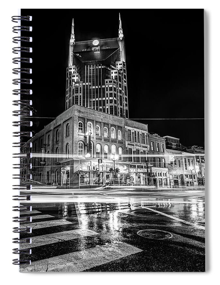 Nashville Skyline Spiral Notebook featuring the photograph Broadway Lights - Nashville Tennessee Skyline Black and White by Gregory Ballos