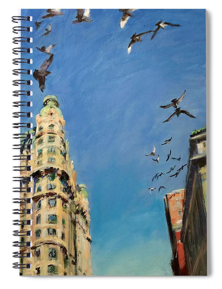 New York Spiral Notebook featuring the painting Broadway Pigeons No. 1 by Peter Salwen